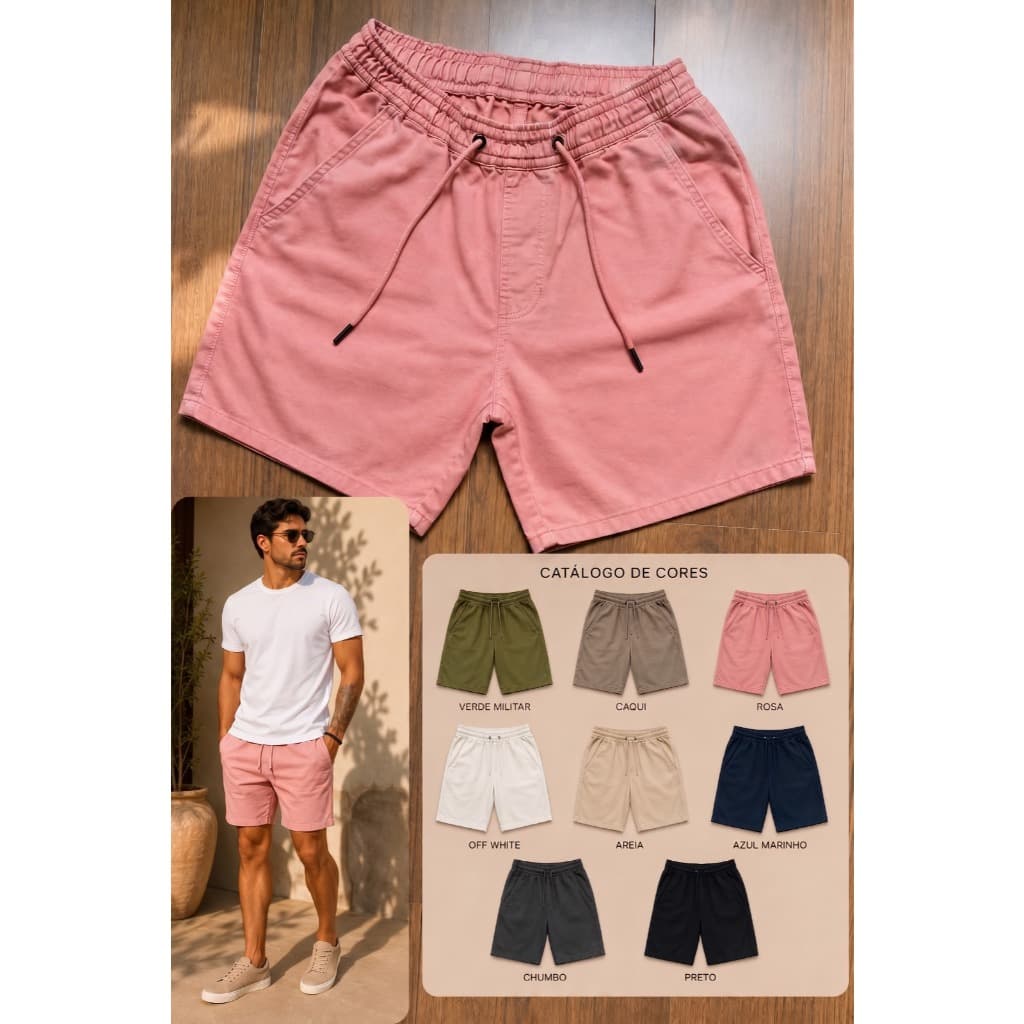 Short Mauricinho Masculino Premium Sarja Lavada com Elastano Cintura Elástica Cordão Ajustável Bolso Lateral