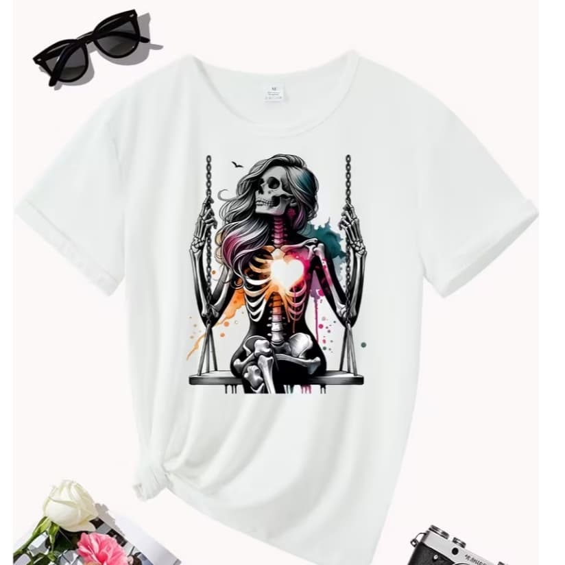 Camiseta Feminina T-Shirt Algodão Estampa Caveira Balanço Gótica Tumblr Alt Rock