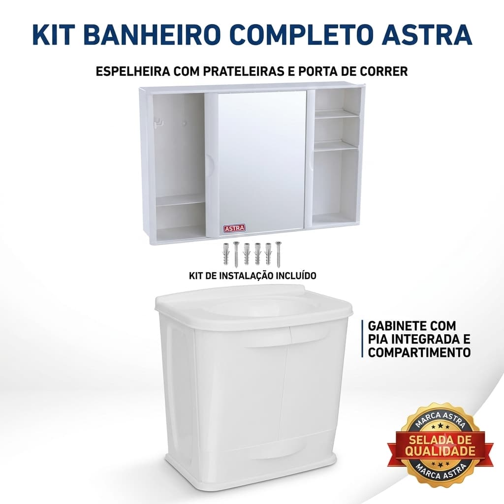 Conjunto Banheiro Gabinete Suspenso Com Pia + Armário Espelheira Astra A23 + Kit Fixação completo Gabfit