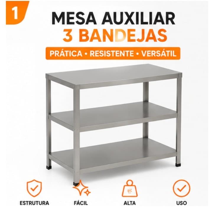 Mesa Industrial 3 Bandejas em Aço Galvanizado Reforçada 90x50x85 cm para Cozinha, Restaurante e Área Gourmet