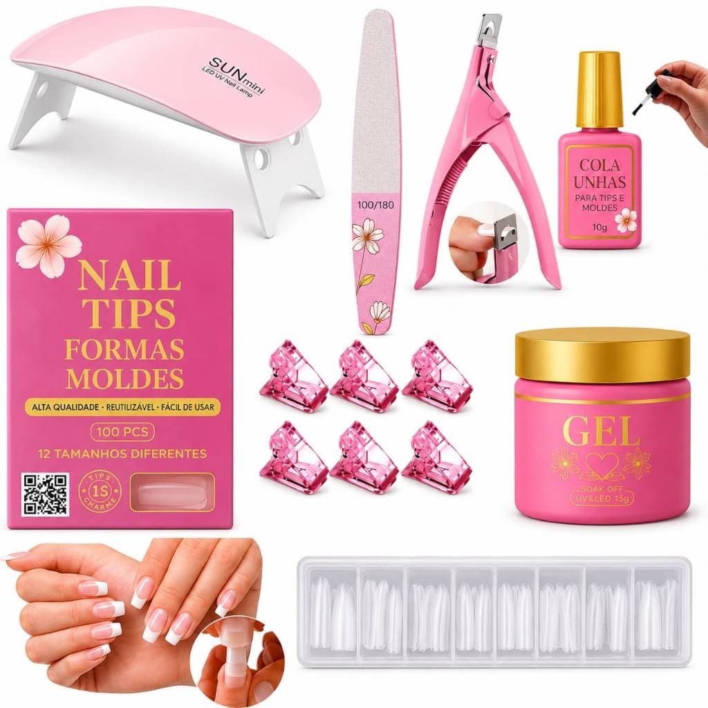 Kit para Manicure Alongamento De Unhas Cabine Presilhas Cola Pincel Lixa Gel Alicate