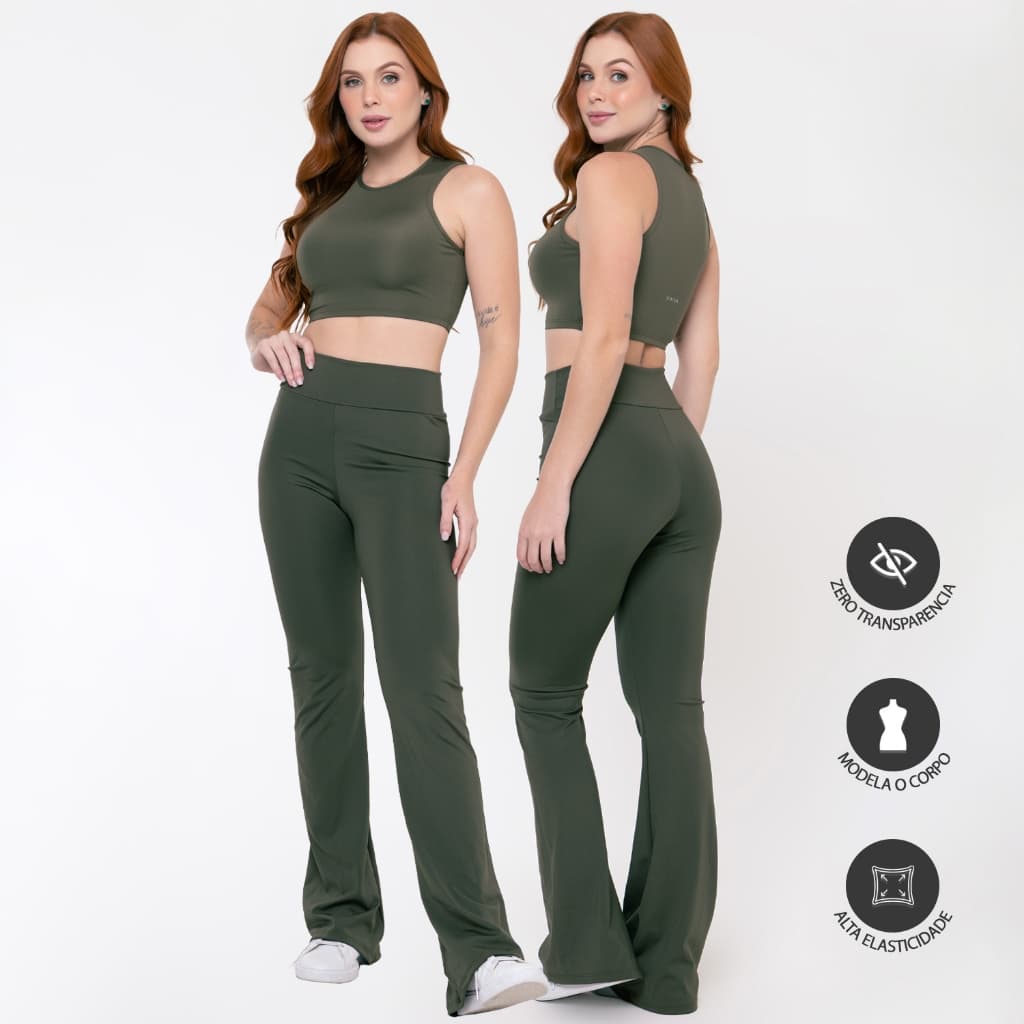 Conjunto Fitness Bailarina Top Regata Legging Flare Suplex Zero Transparência Feminina 070