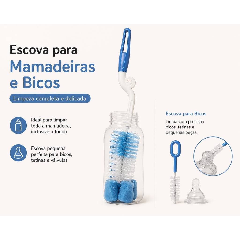 Kit Escovas Limpeza Mamadeira Cabo Giratório + Mini Escova Para Bico Bebê Higiene Completa