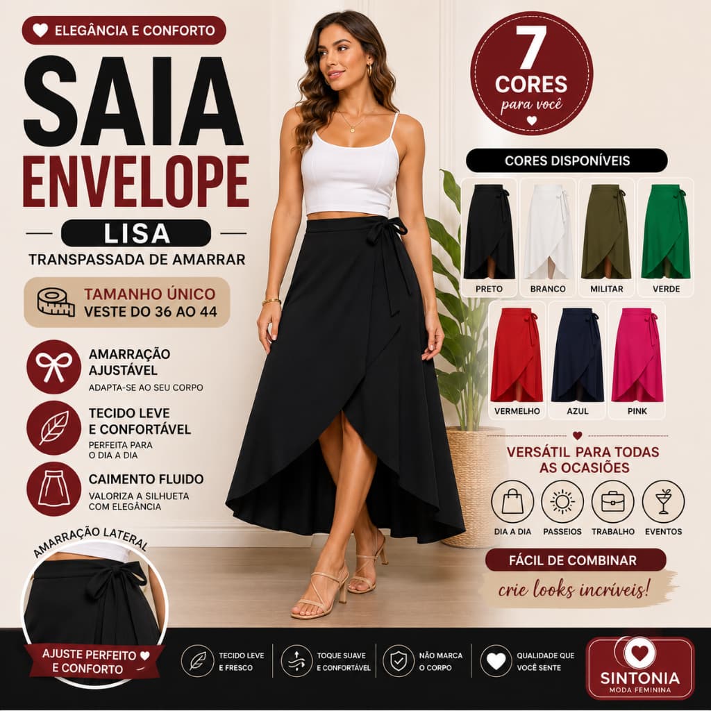 Saia Envelope Feminina Midi Transpassada de Amarrar Lisa Cintura Alta