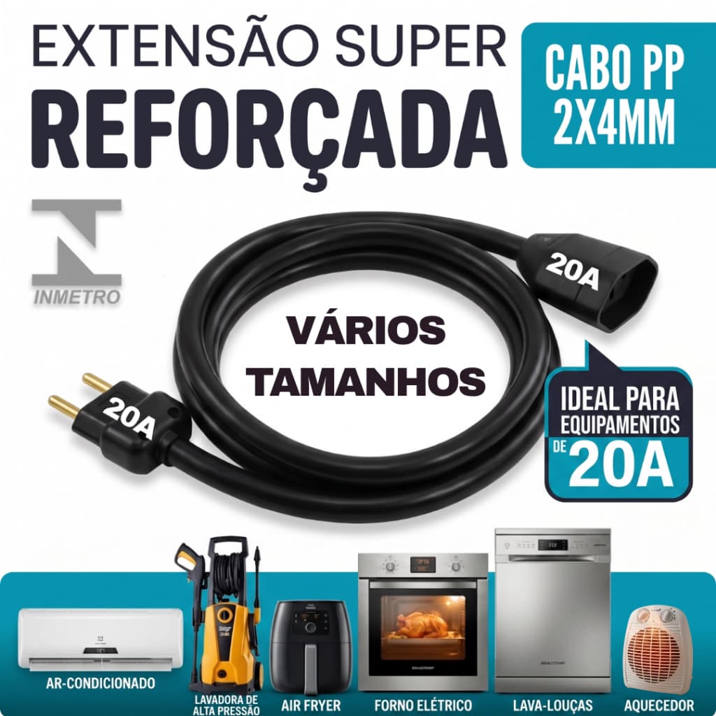 Extensão 20A Pino Grosso Cabo PP 2x4mm Reforçado (25cm 50cm 1m a 20m) |  Bivolt | Airfryer, Forno Elétrico, Lava Louças