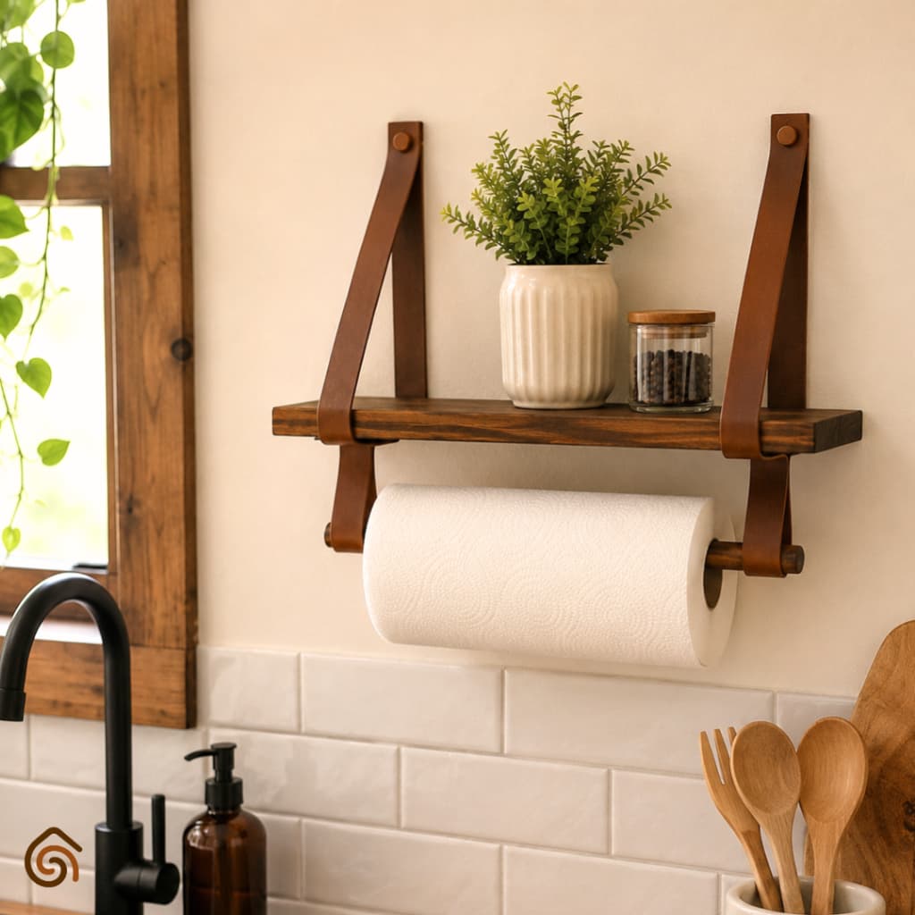 Prateleira de Madeira Envelhecida com Suporte em Couro Decoração Cozinha Rústica | Casa Madêco