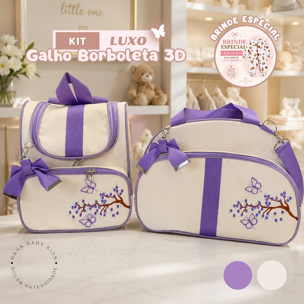 Kit Maternidade Bordado galho com borboleta 3D MENINA - LIlás (GANHA UM MACACÃO DE BRINDE)