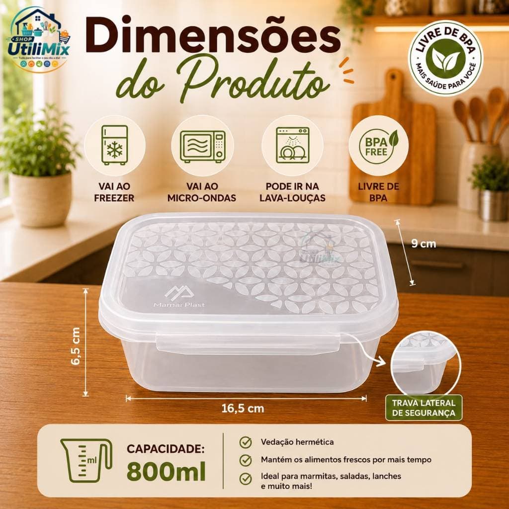 Kit 5 ou 10 Potes Hermeticos Marmitas Fitness 800ml - Marmitas Com Travas Laterais - Organiza Alimentos Congelador