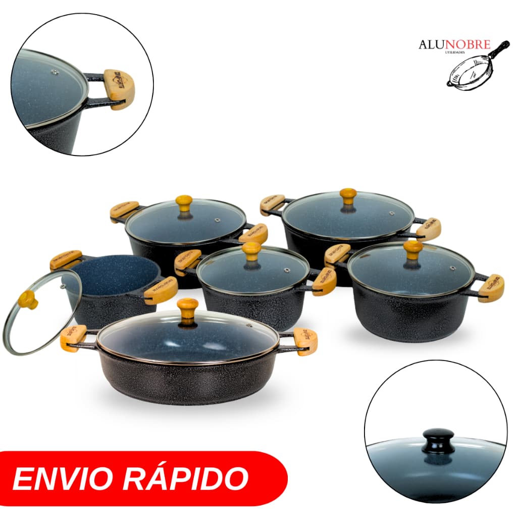 Jogo 6 Panelas Antiaderente Ceramica Alumínio Fundido Preto Com Tampa de Vidro