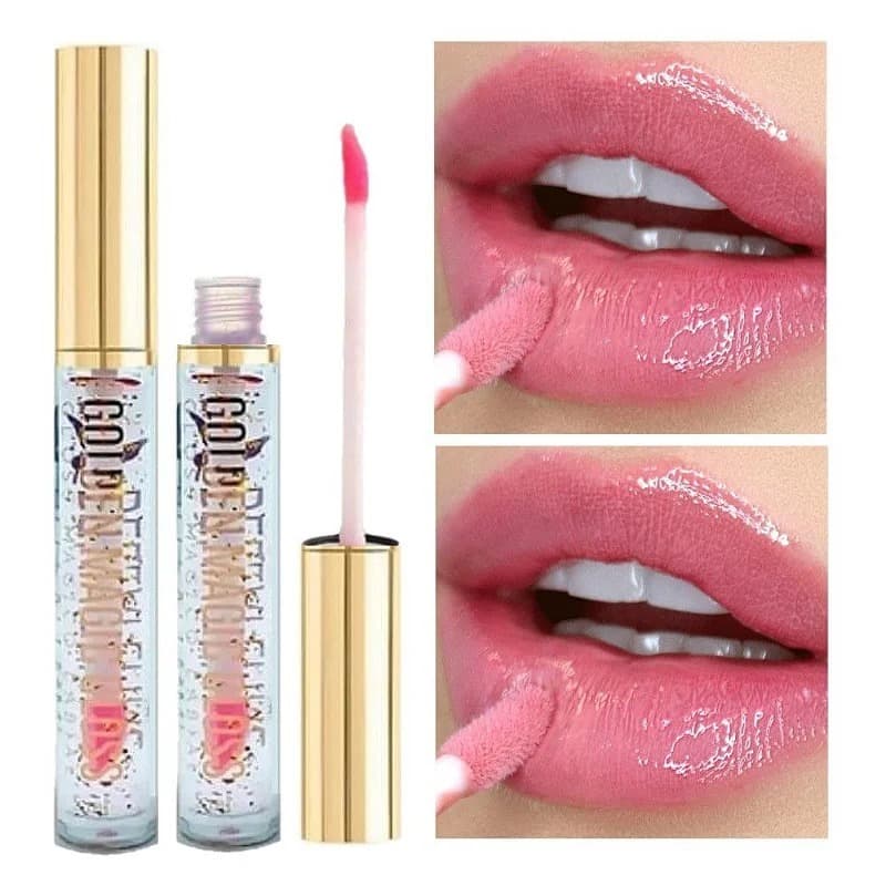 Gloss Mágico Transparente Que Muda de Cor Conforme pH dos Lábios Golden Magic Gloss Brilho Intenso Rosado Natural