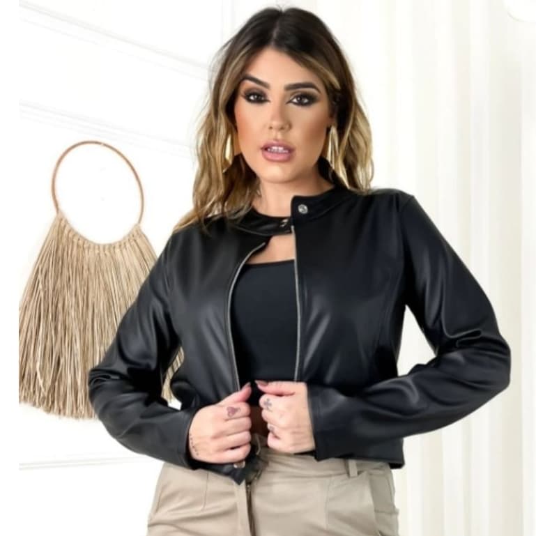 Jaqueta Bomber Couro Preta Casaco Zíper Botão Roupa De Frio Casual Festa Show Moda Tendencia Feminina Outono Inverno