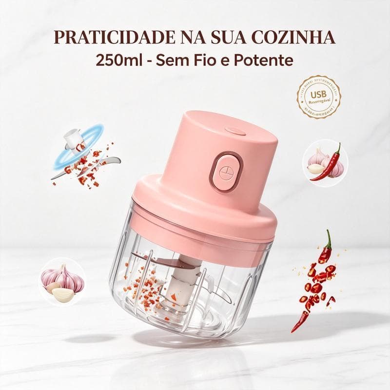 Mini Processador De Alimentos Elétrico USB Sem Fio 250ml Triturador De Alho E Temperos Portátil Potente Com 3 Lâminas