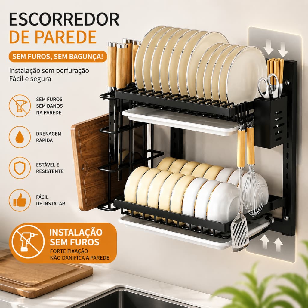 Escorredor de Louças de Parede Sem Furos 2 Andares Aço Carbono com Bandeja Organizador Cozinha