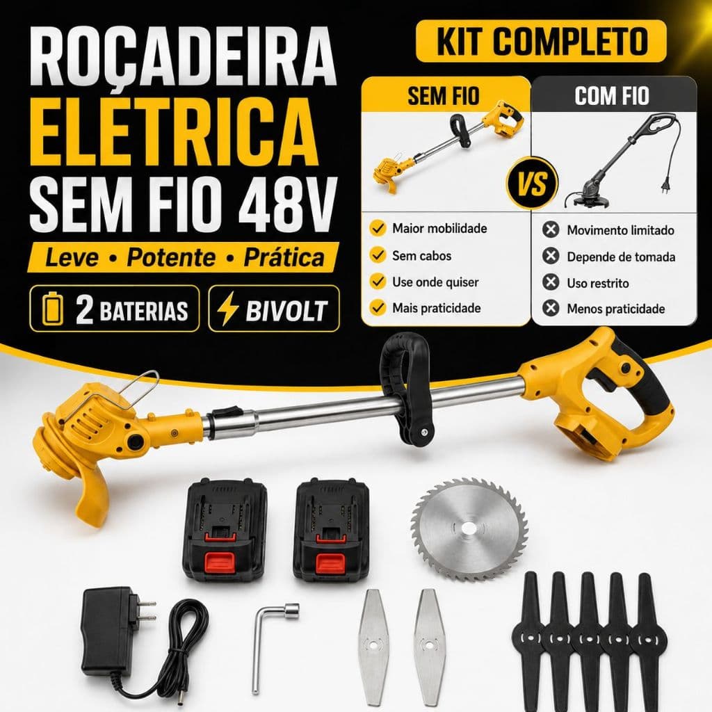 Máquina de Cortar Grama e Mato Sem Fio 48V com 2 Baterias Portátil para Jardim Quintal Sítio Área Externa e Uso em Casa
