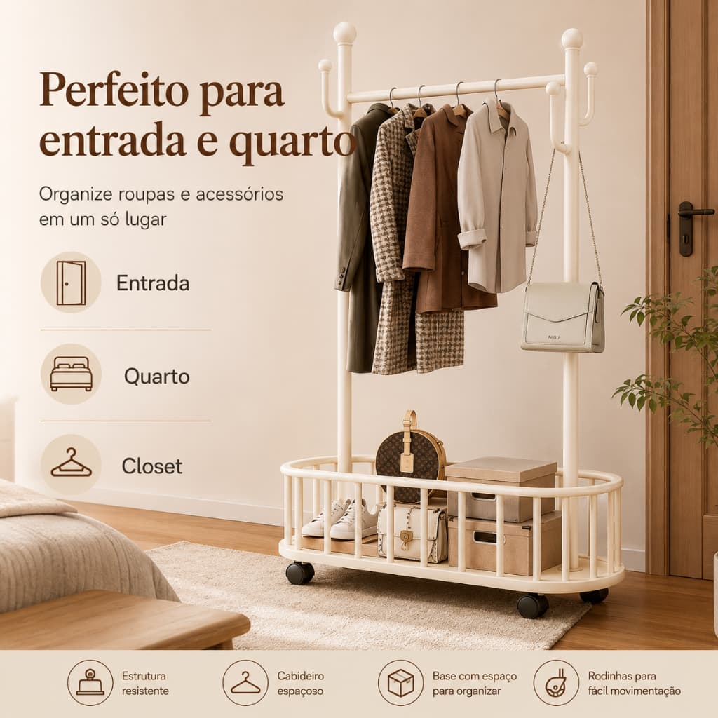 Arara de Roupas de Chão em Aço com Rodas 360°, Ganchos Laterais e Cesto Sapateira