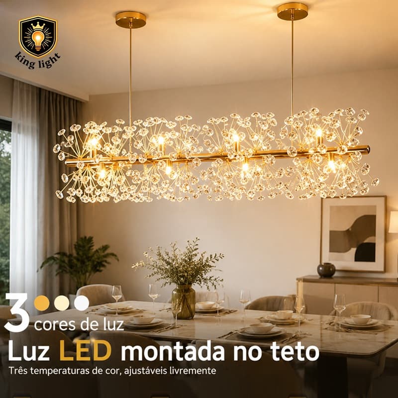 Lustre Pendente Cristal K9 Retangular 12 Lâmpadas G9 LED 3 Cores Luxo para Sala de Jantar