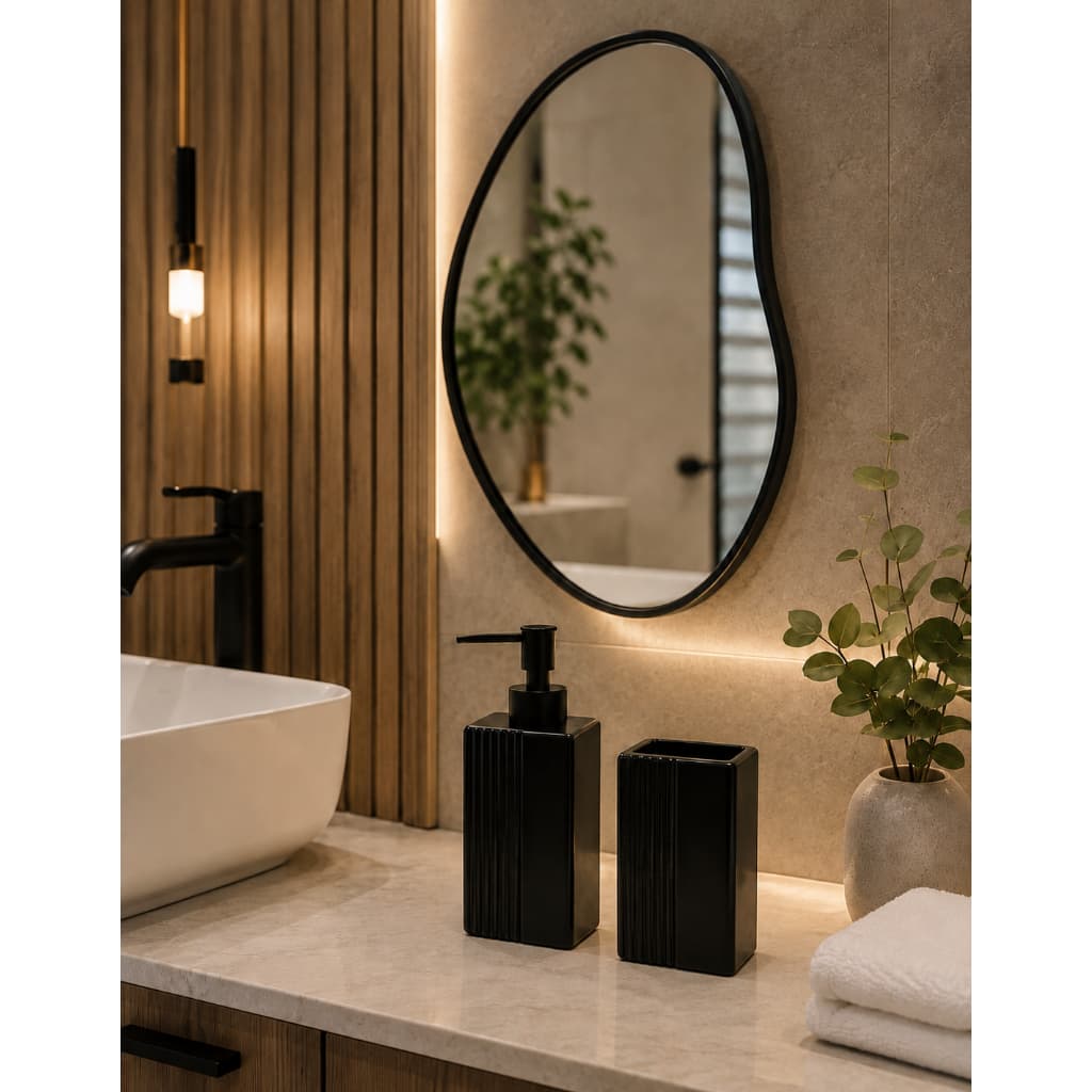 Kit Lavabo 3 Peças Porcelana com Porta Escova E Dispenser 240ml e Espelho Orgânico de Parede Luxuoso Resistente