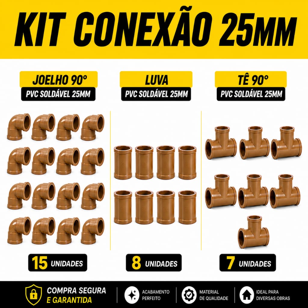 Kit Conexões PVC Soldável 25 mm – 30 Peças (15 Joelhos, 8 Luvas e 7 Tees) , Água Fria, Conexão 3/4