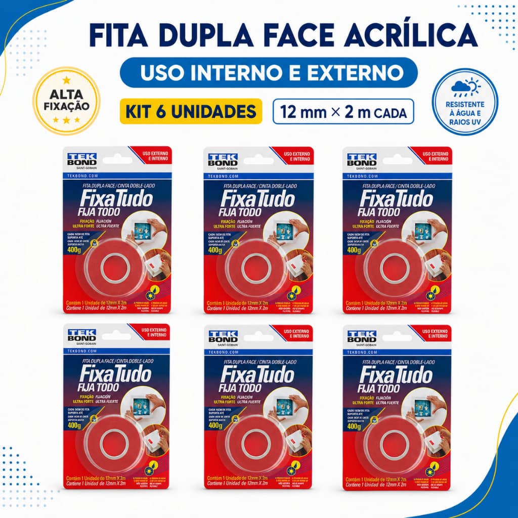 Kit 6 Fita Dupla Face Acrílica Fixa Tudo Externa 12mmX2m Tekbond