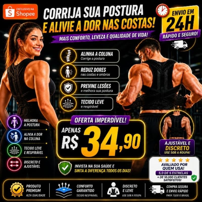 Corretor de Postura Ortopédico Ajustável Unissex – Cinta Ergonômica para Coluna, Costas e Ombros | Alinhador Postural