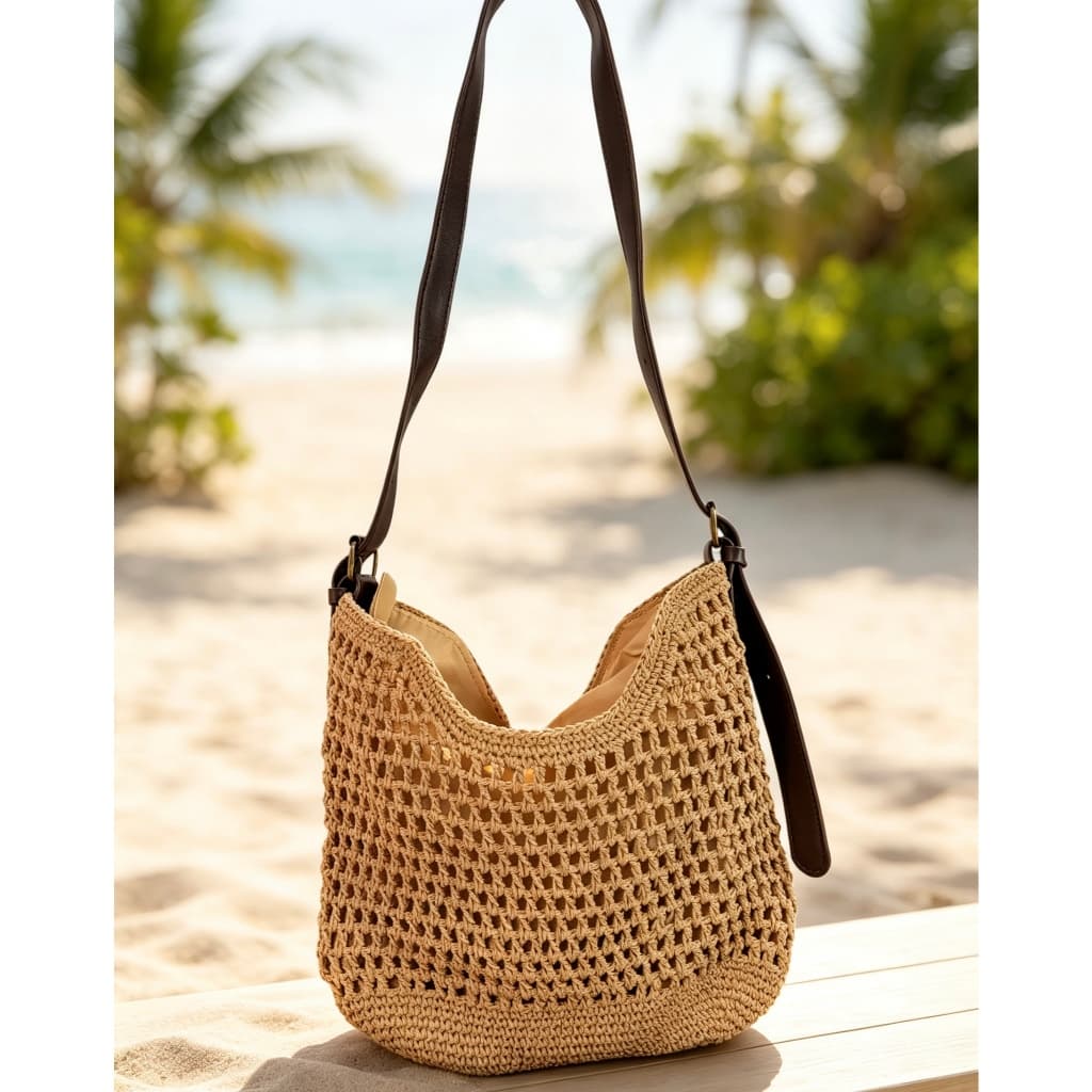 Bolsa Feminina Tricot Malha, Modelo Hobo Alça Longa Regulável, Ideal Praia e Passeio