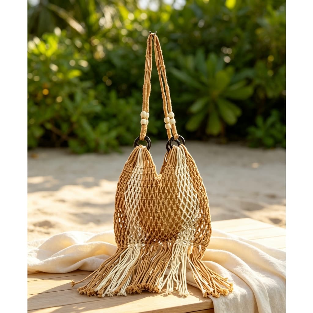 Bolsa Feminina Macramê com Franjas, Alça com Contas, Bolsa de Praia Casual para Passeio e Viagem