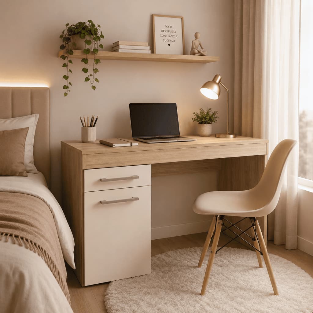 Escrivaninha Com 1 Gaveta 1 Porta E Corrediças Telescópicas Mesa De Escritório Home Office 115cm Cor Nature/Off-White