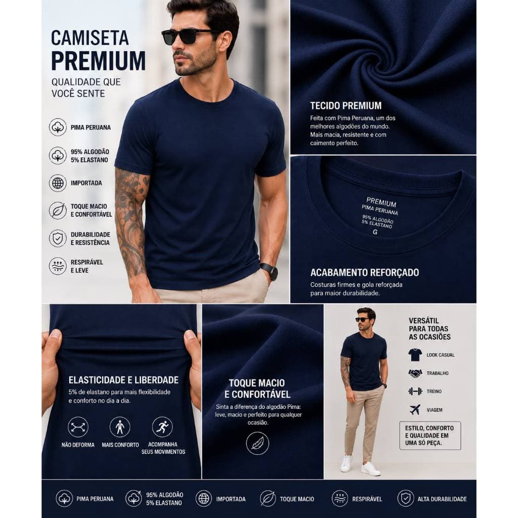 Camiseta Masculina Azul Marinho Premium Pima Peruana Importada Alta Qualidade Slim Fit