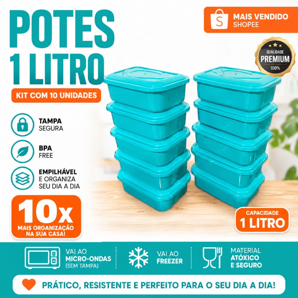 Conjunto 10 Potes 1L com Tampa Colorida Organizador Cozinha Geladeira Freezer