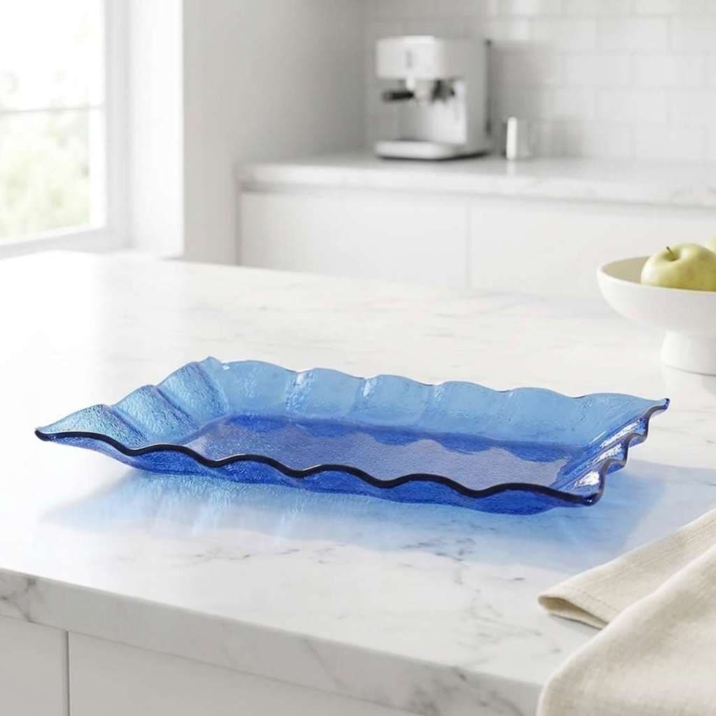 Travessa Retangular Frisada Vidro Azul 28x15cm Bandeja Servir Petisco Frios Doces Mesa Posta Cozinha