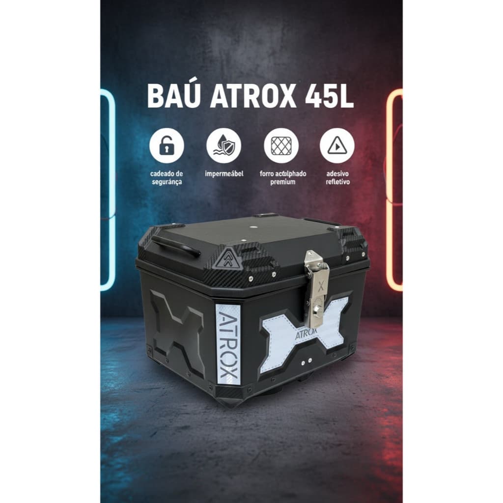 Baú Bauleto para moto 45 Litros preto Universal Com Suporte e forração interna Premium