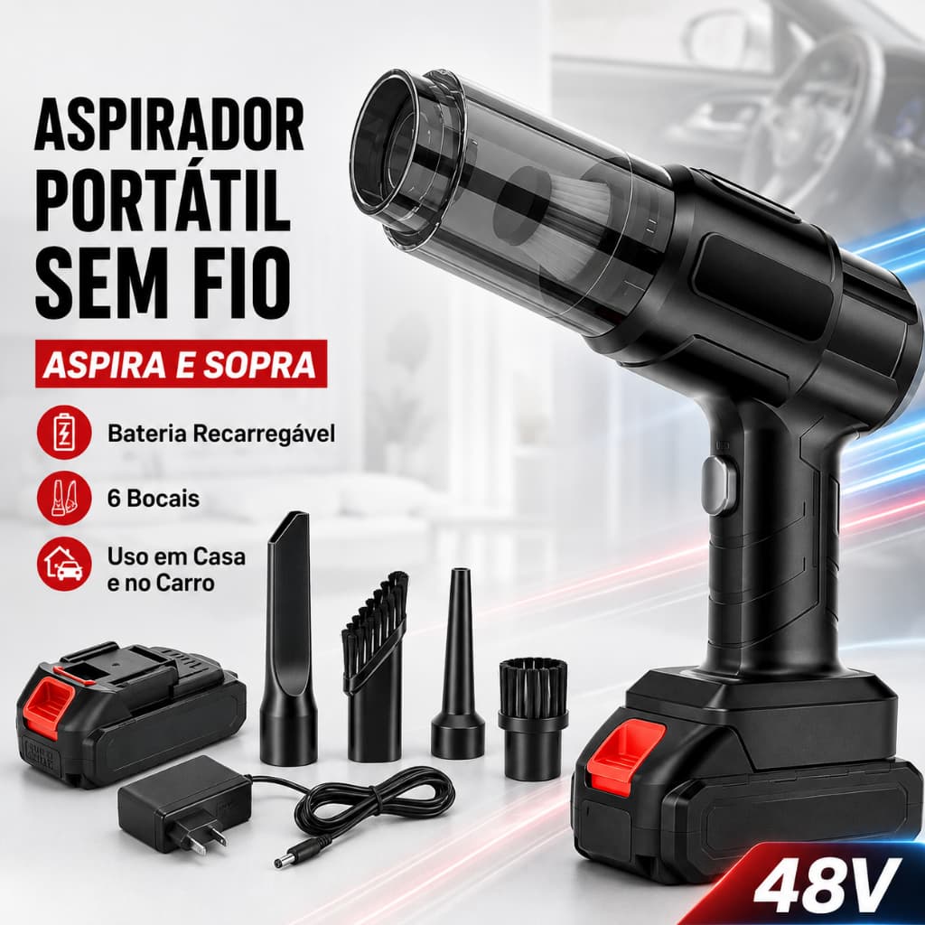 Aspirador de Pó e Soprador Portátil Sem Fio 48V com Bateria Recarregável e 6 Bocais