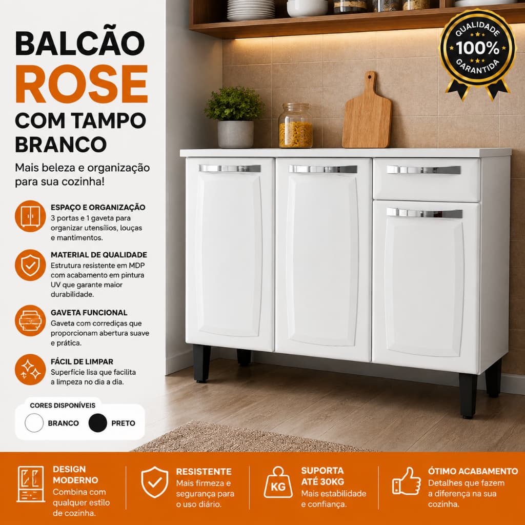 Balcão de Cozinha Rose com Tampo Branco 2 Portas Armário Organizador Moderno Resistente