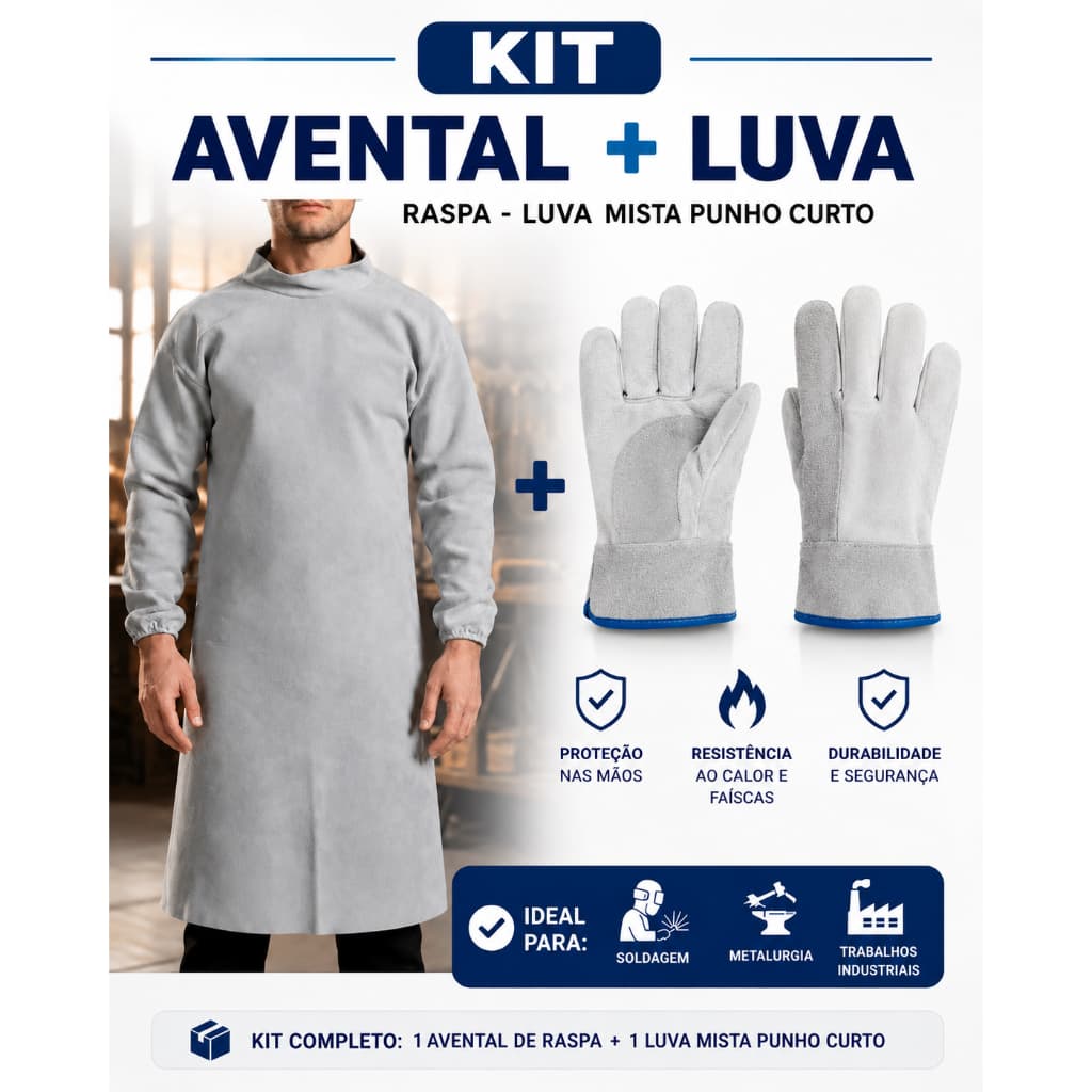 KIT Avental Soldador Couro Raspa + Luva Vaqueta Mista Punho Curto 7cm