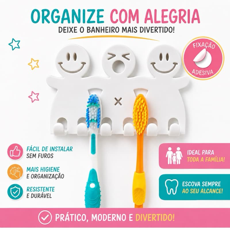 Suporte Adesivo de Parede Porta Escova de Dente Alegre Divertido Fácil Aplicação