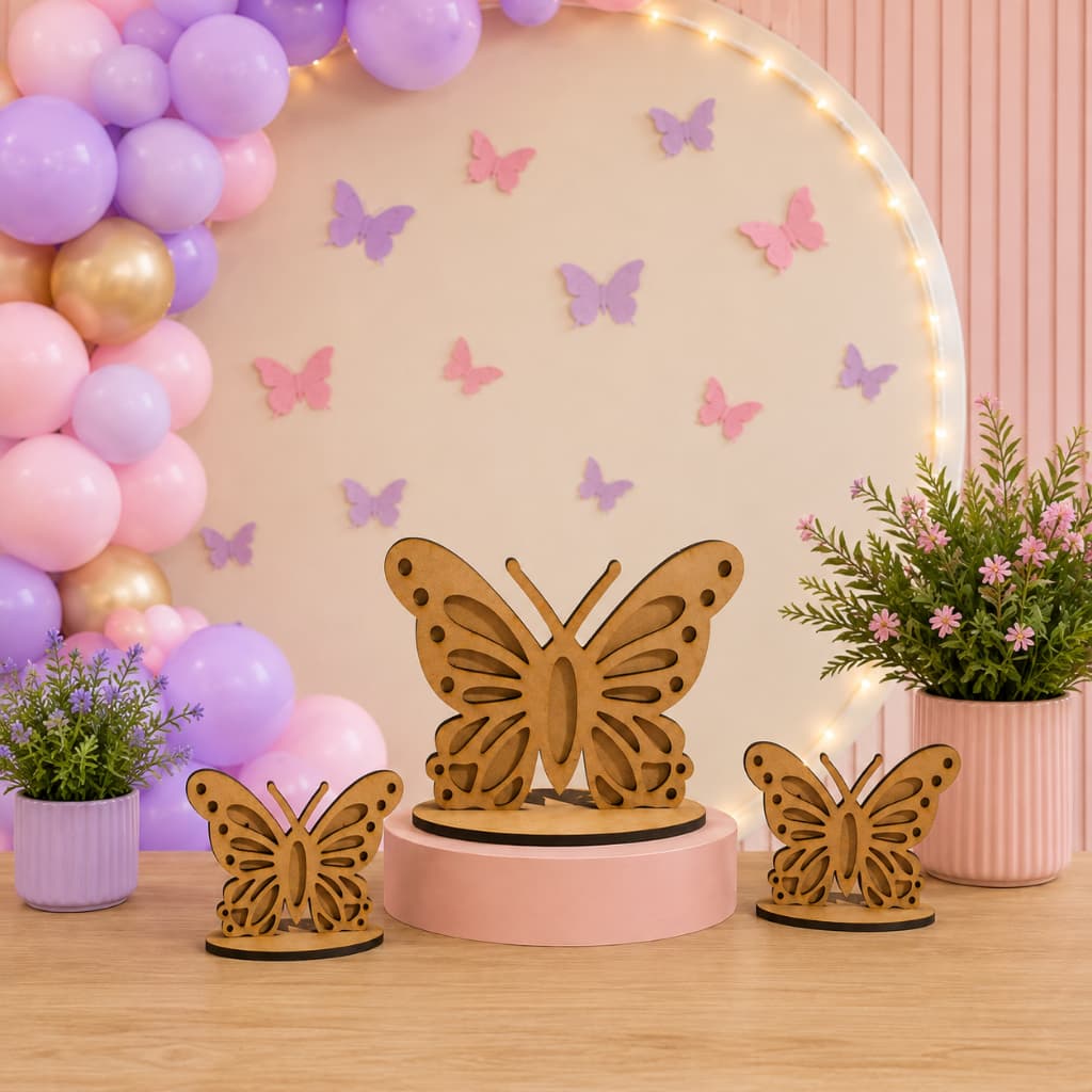 Kit 3 Peças Borboleta Display Mesa Decoração Festa Mdf Cru