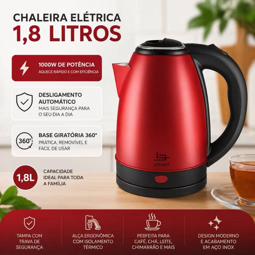 Chaleira Elétrica 1,8L 1000W 127V Aço Inox Desligamento Automático Base 360° Ferve Água Rápido Vermelha