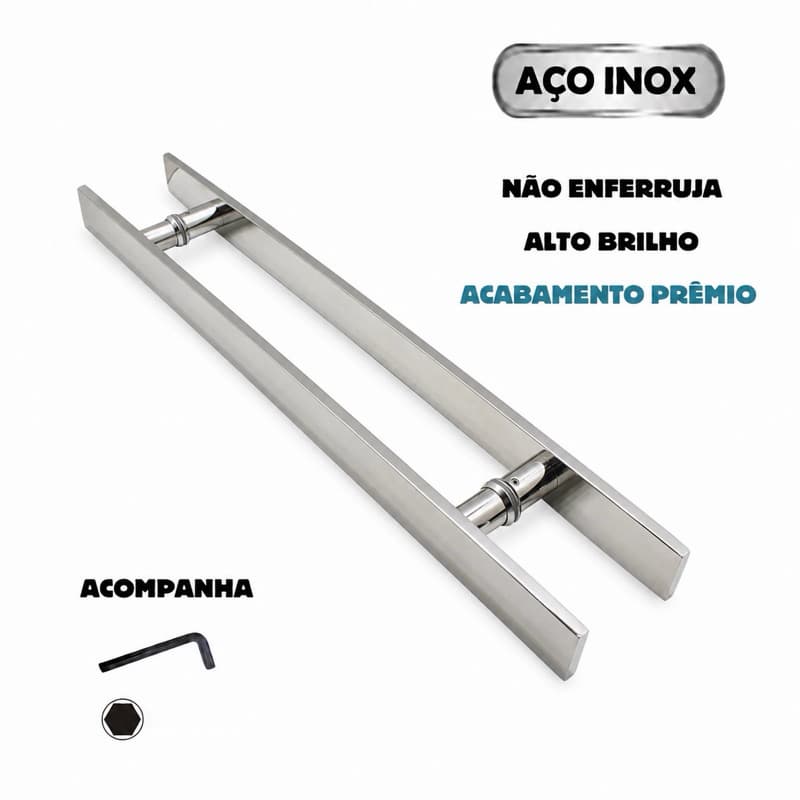 Puxador Duplo Barra Chata Reto 80cm Aço Inox 40x10mm para portas de madeira, vidro ou aluminio