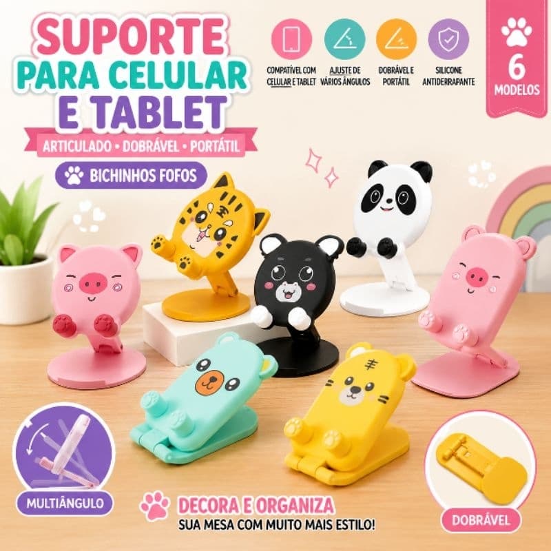 Suporte para Celular e Tablet Articulado Dobrável em Silicone | Porta Celular de Mesa Antiderrapante Bichinhos Fofos