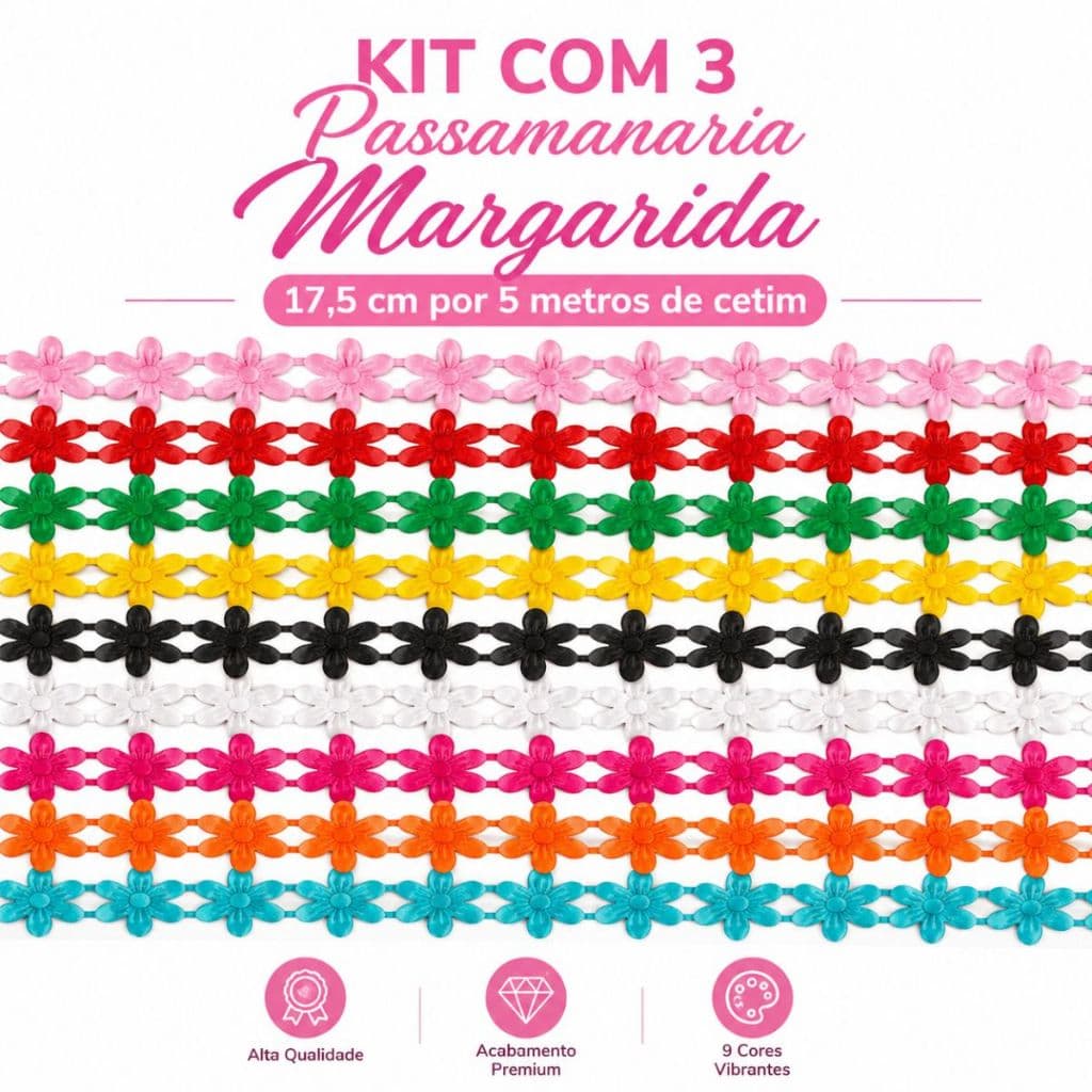 Kit com 03  Passamanaria Margarida 1,7cm 5 Metros de Cetim Para Acabamentos,  Pano de prato, Mesa, Banho e Artesanato