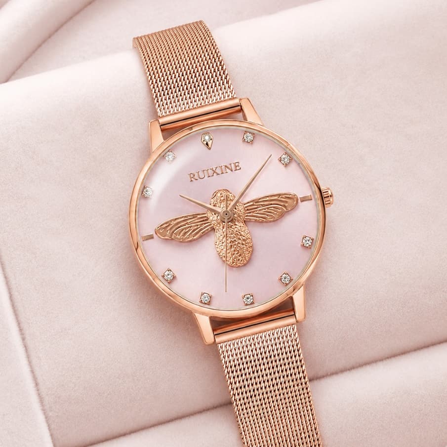 Relógio Feminino Rose Gold com Abelha 3D Cristais Pulseira Ajustável em Malha de Aço Inoxidável Resistente à Água 30M