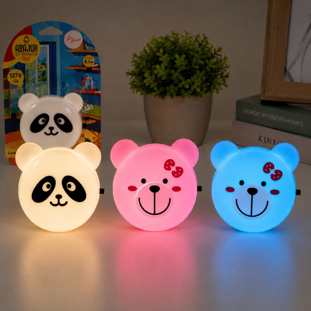 Lampada Abajur Luminária  Led Infantil de Tomada Urso Bivolt 127v/ 220v