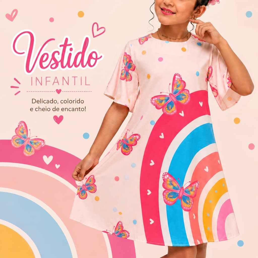 Vestido Infantil/Juvenil Lançamento Estampado Arco-Iris Exclusivo 4 a 12 Anos