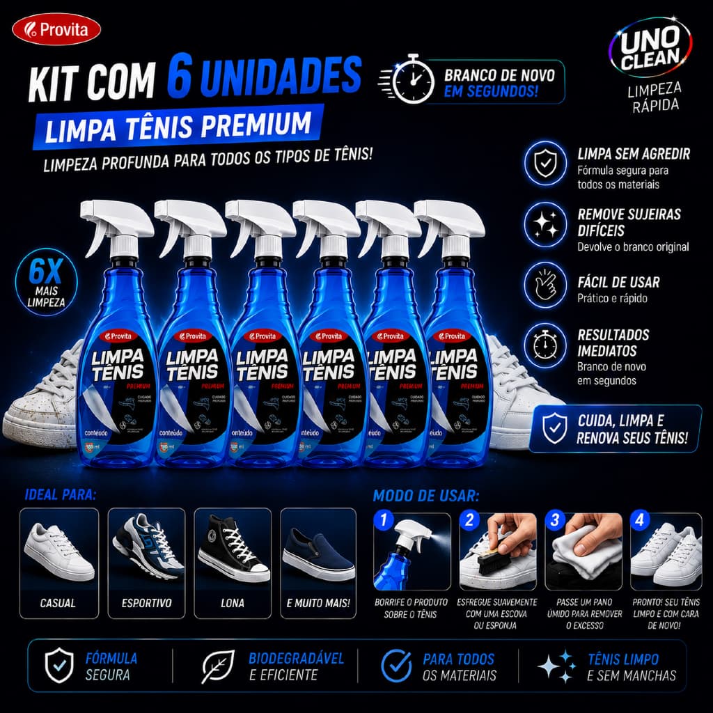 Kit 6 Limpa Tênis À Seco Spray Premium Provita 500ml Limpeza Profunda Remove Sujeira Pesada Encardido Solado Branco