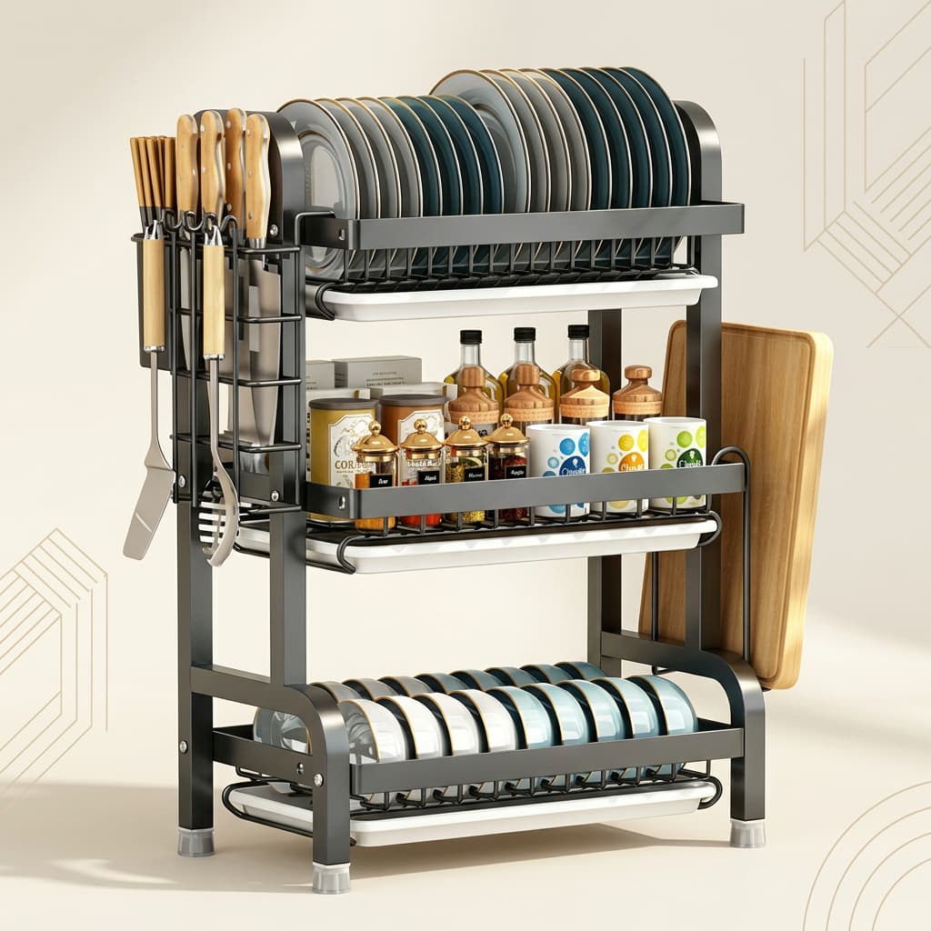 Escorredor de Louça Inox 2/3 Andares Preto com Bandeja Organizador de Pratos e Talheres Economia de Espaço
