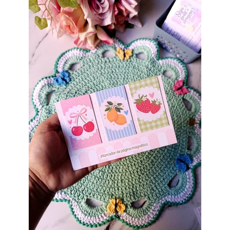 Kit com 3 marcadores de página magnético/Frutinhas/cereja/limão/morango
