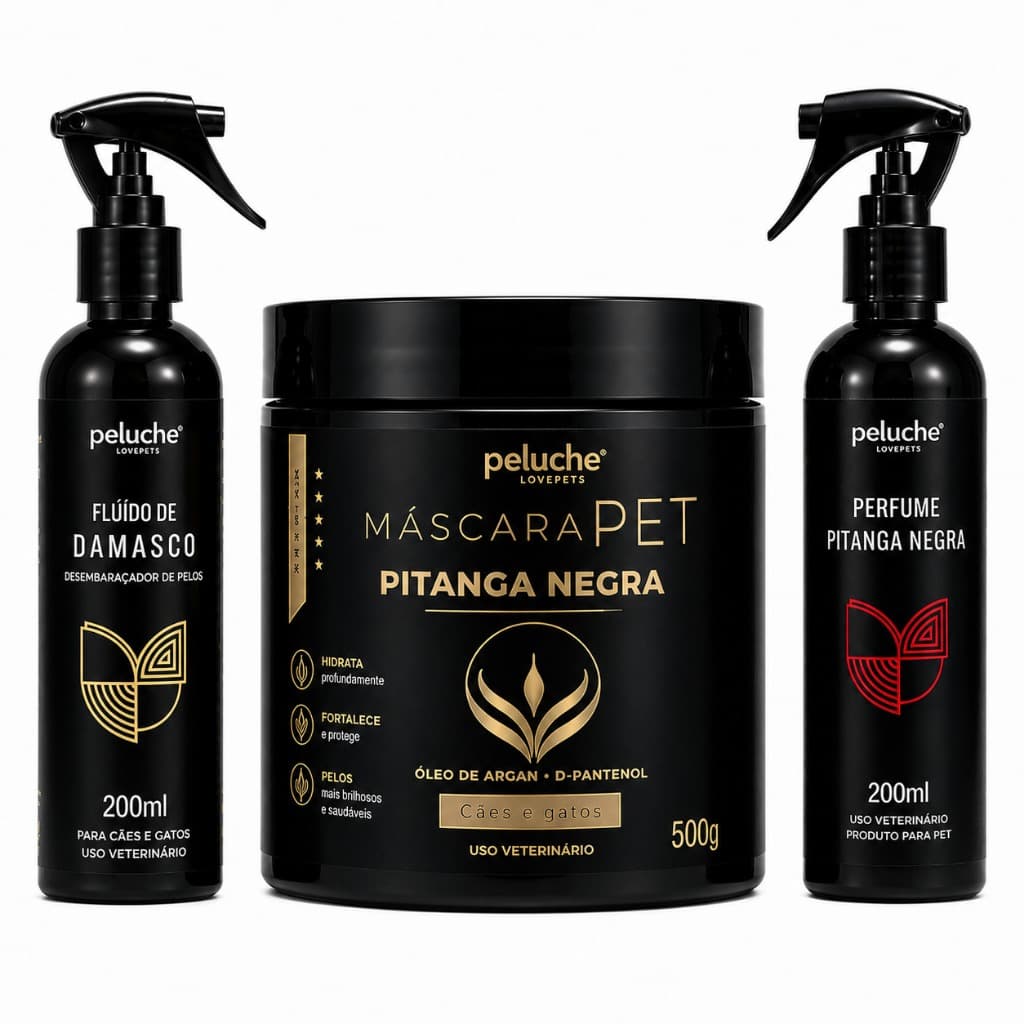 Kit Hidratação Pet Máscara Pitanga Negra 500g Fluído Desembaraçador 200ml Perfume Peluche Cães Gatos