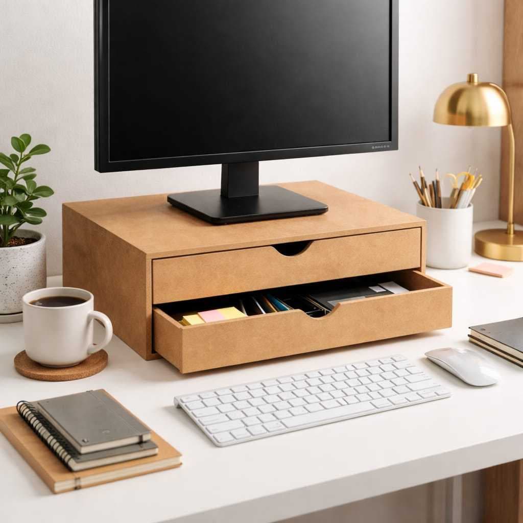 Base Para Monitor Gaveteiro Em MDF Cru Para Folhas A4 Documentos Acessórios Escritório Bancada