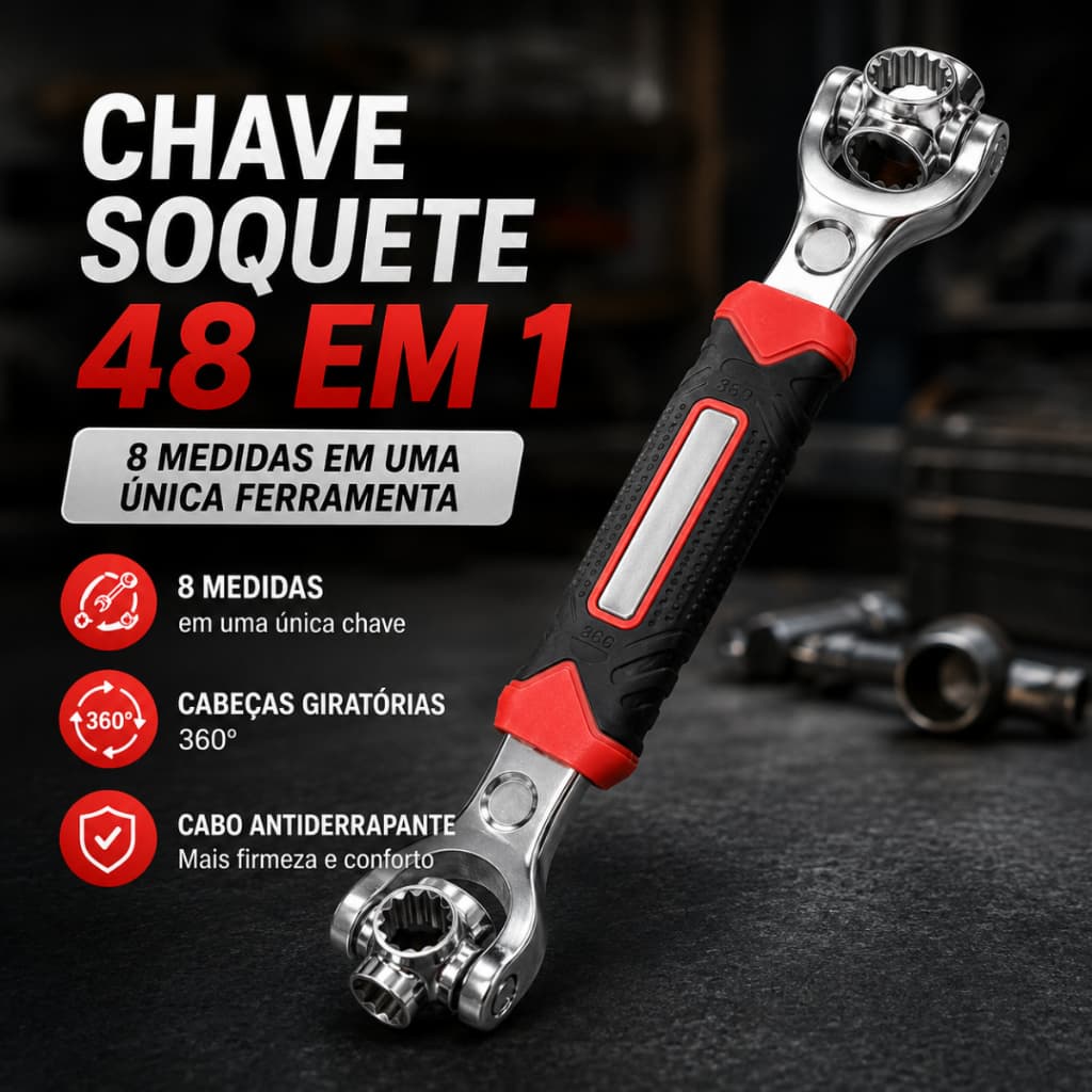 Chave Soquete Multifuncional 48 em 1 Cabeça Giratória 360° Universal Articulada Jogo Ferramentas Reparos Domésticos