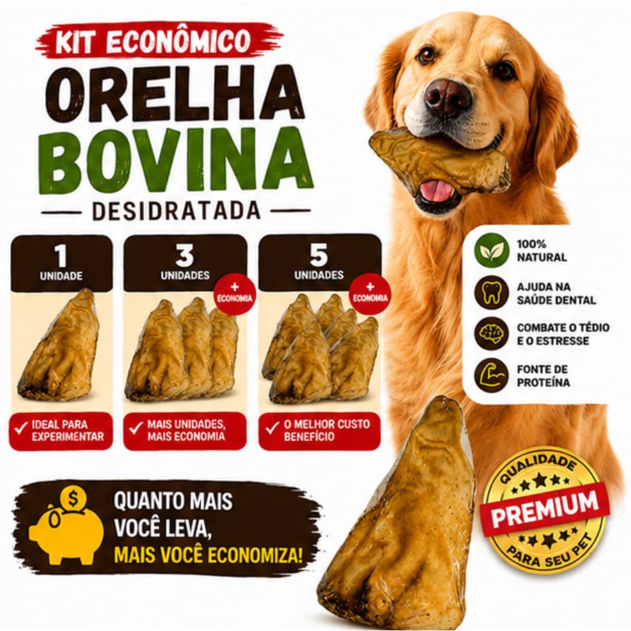 KITS 1, 3, 5 ORELHAS BOVINA NATURAL PREMIUM PARA CACHORRO | MASTIGAÇÃO SAUDÁVEL + ALTA DURAÇÃO